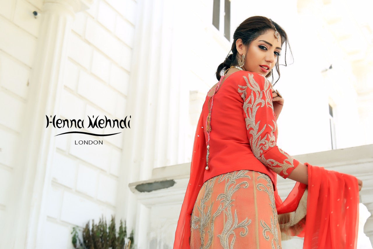 Gold & Coral Diamante Embroidered Lehnga Outfit - Henna Mehndi