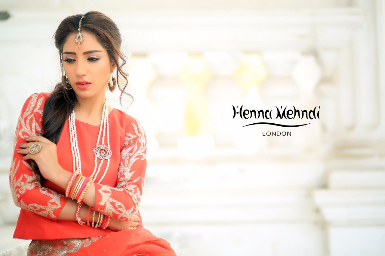 Gold & Coral Diamante Embroidered Lehnga Outfit - Henna Mehndi