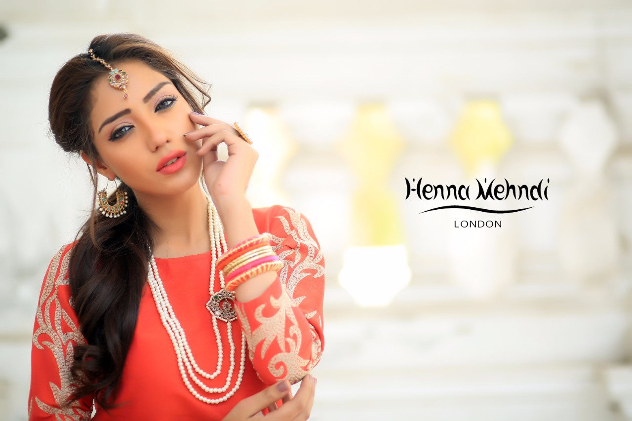 Gold & Coral Diamante Embroidered Lehnga Outfit - Henna Mehndi