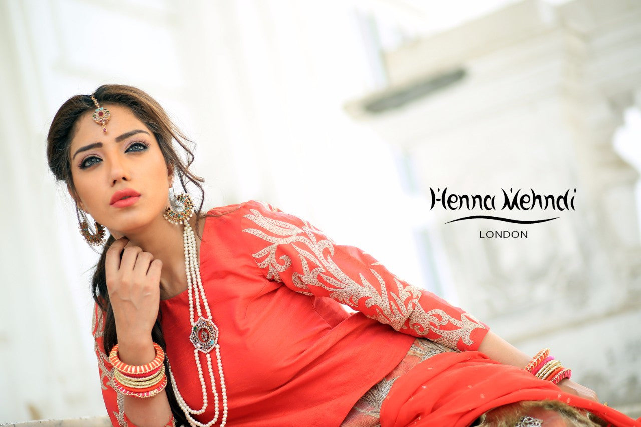 Gold & Coral Diamante Embroidered Lehnga Outfit - Henna Mehndi