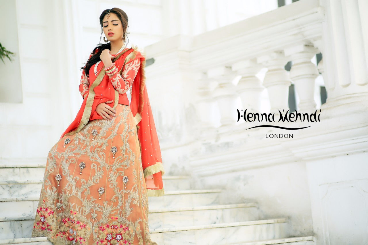 Gold & Coral Diamante Embroidered Lehnga Outfit - Henna Mehndi