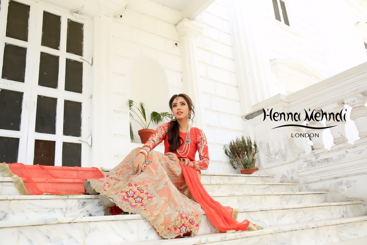 Gold & Coral Diamante Embroidered Lehnga Outfit - Henna Mehndi