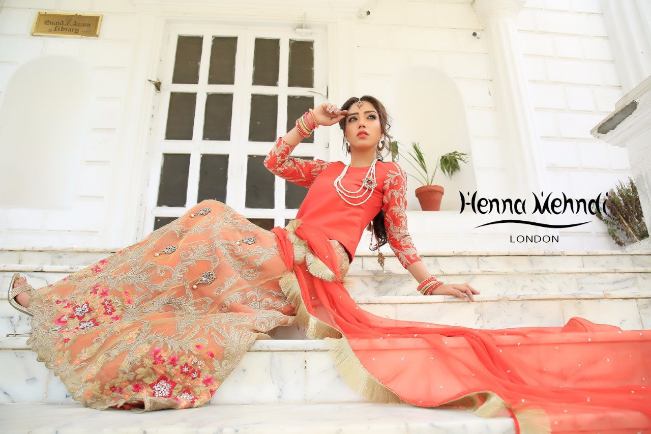 Gold & Coral Diamante Embroidered Lehnga Outfit - Henna Mehndi
