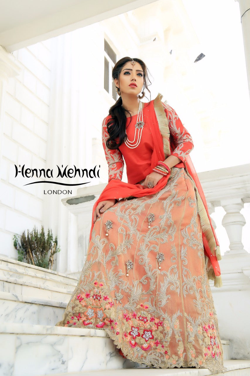 Gold & Coral Diamante Embroidered Lehnga Outfit - Henna Mehndi