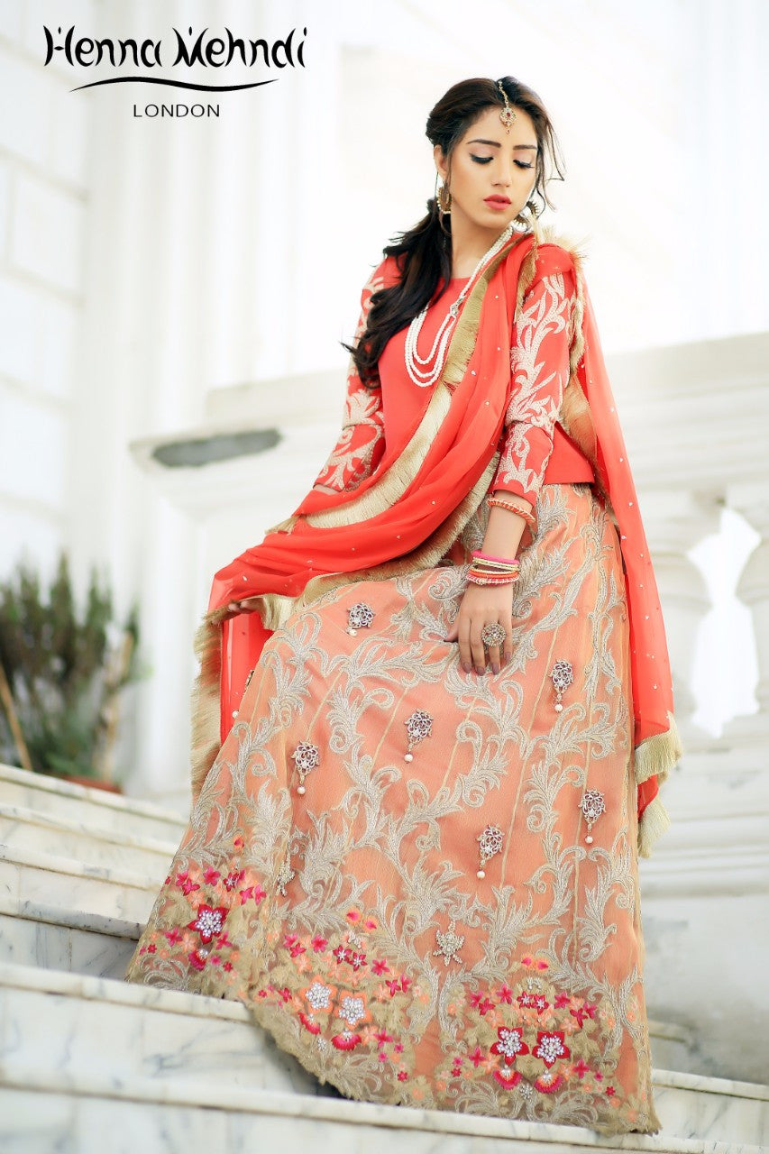 Gold & Coral Diamante Embroidered Lehnga Outfit - Henna Mehndi