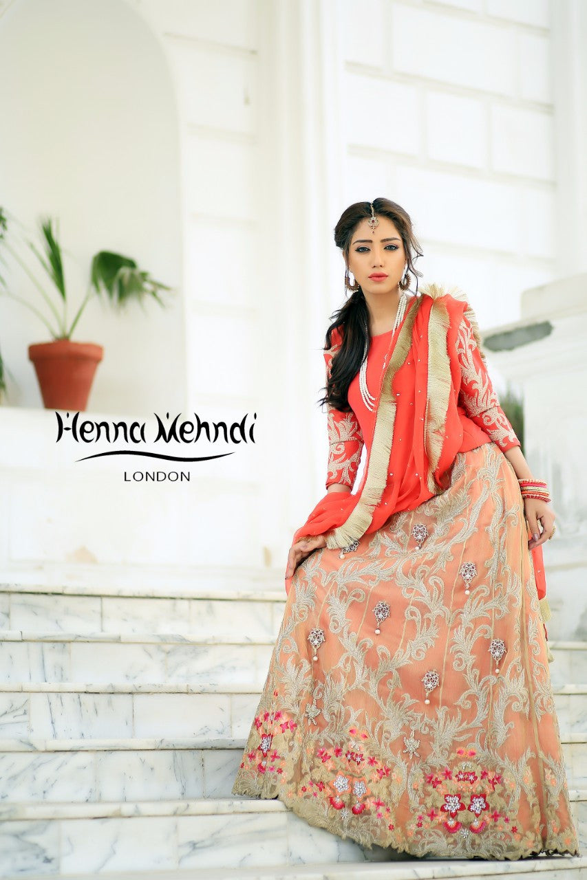 Gold & Coral Diamante Embroidered Lehnga Outfit - Henna Mehndi