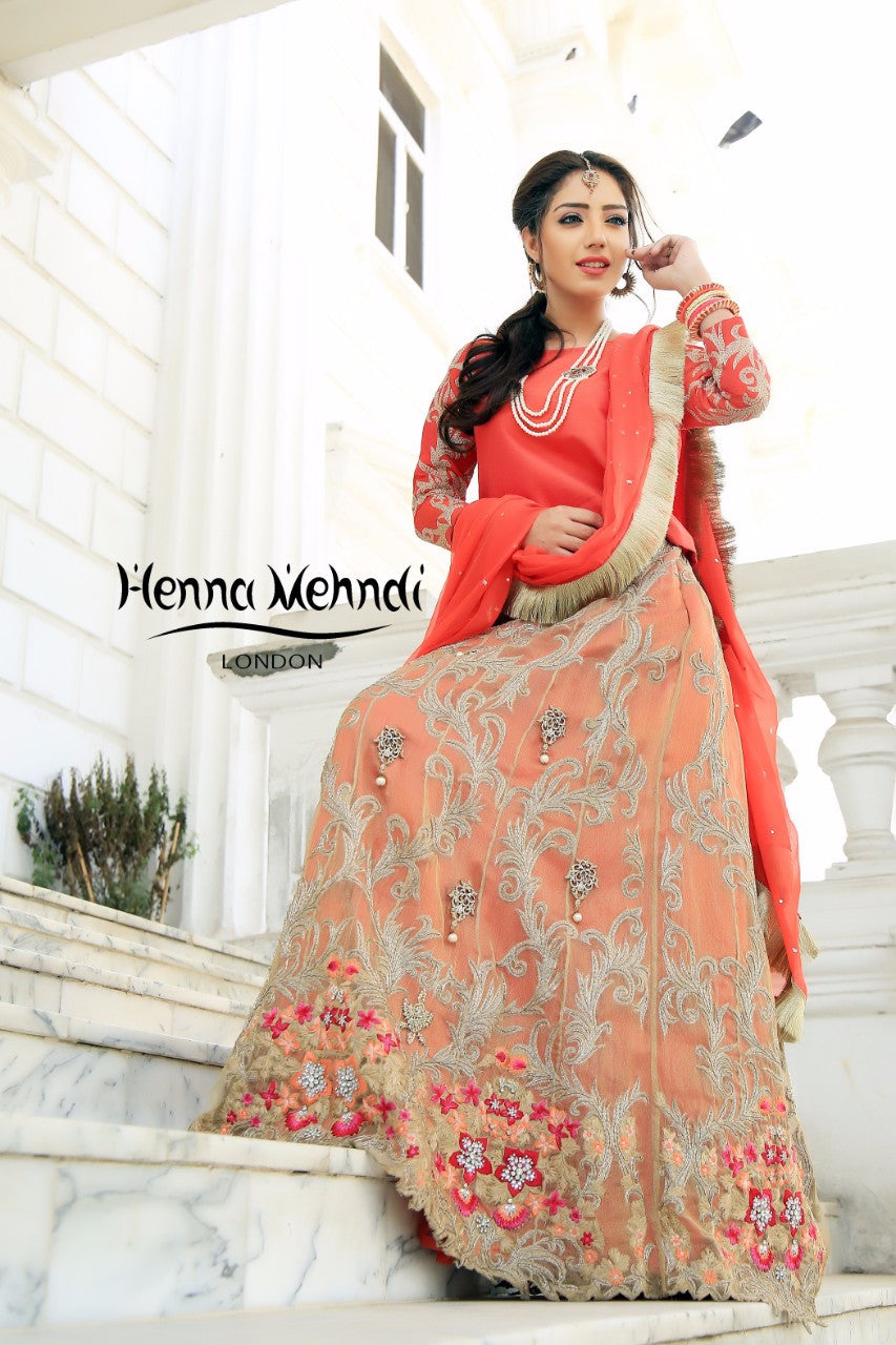 Gold & Coral Diamante Embroidered Lehnga Outfit - Henna Mehndi