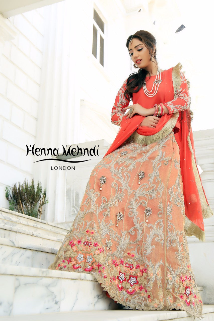 Gold & Coral Diamante Embroidered Lehnga Outfit - Henna Mehndi