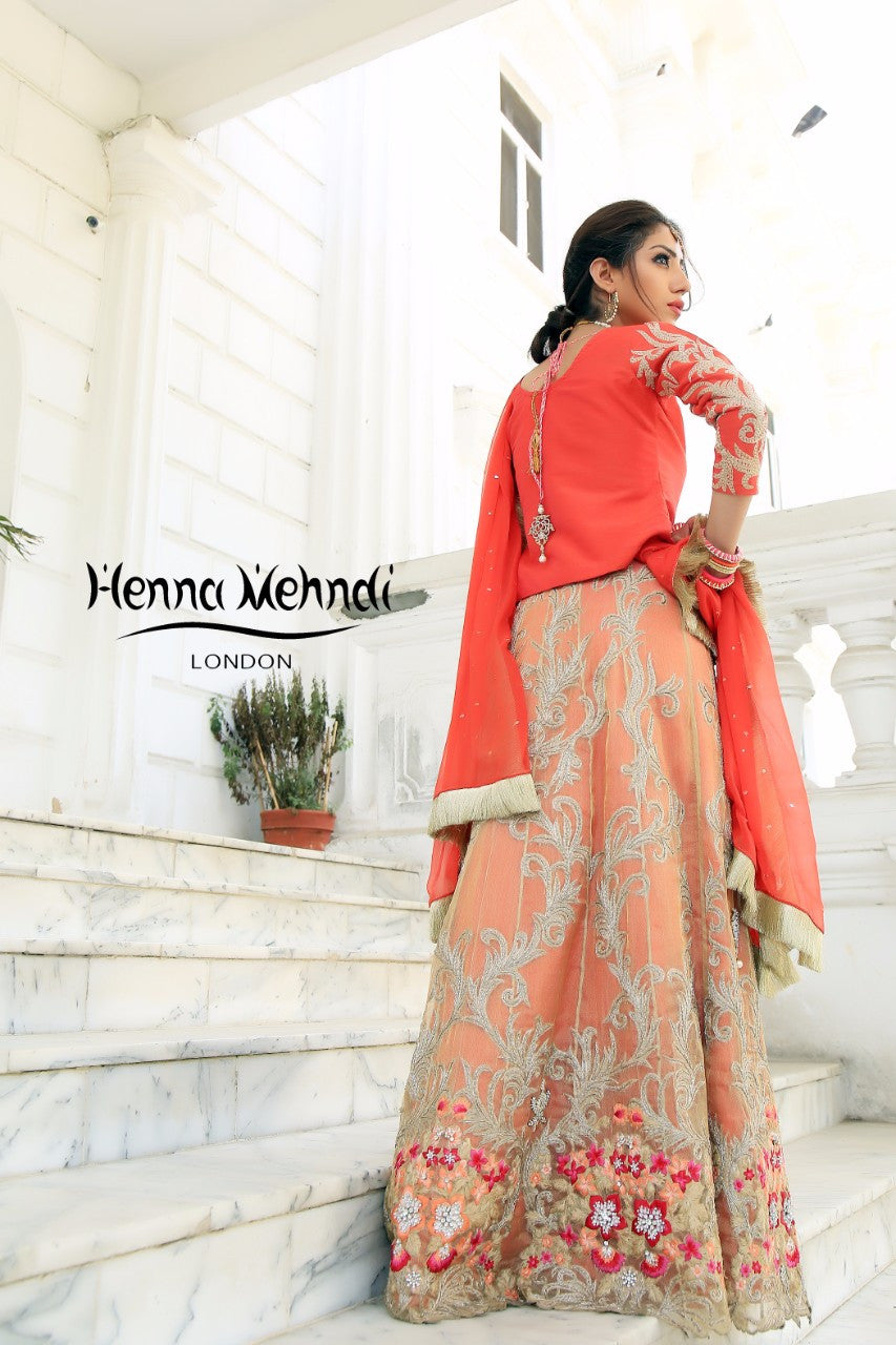 Gold & Coral Diamante Embroidered Lehnga Outfit - Henna Mehndi