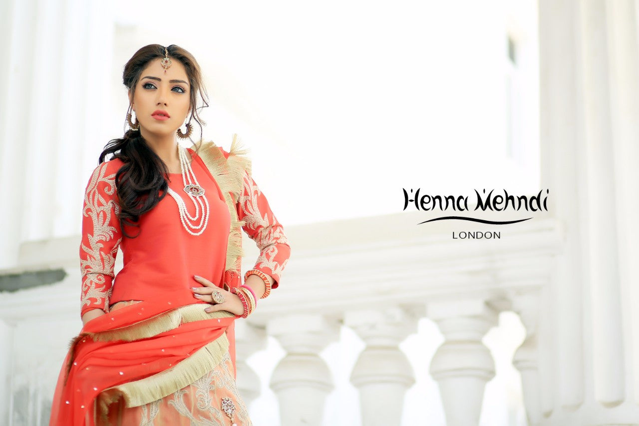 Gold & Coral Diamante Embroidered Lehnga Outfit - Henna Mehndi