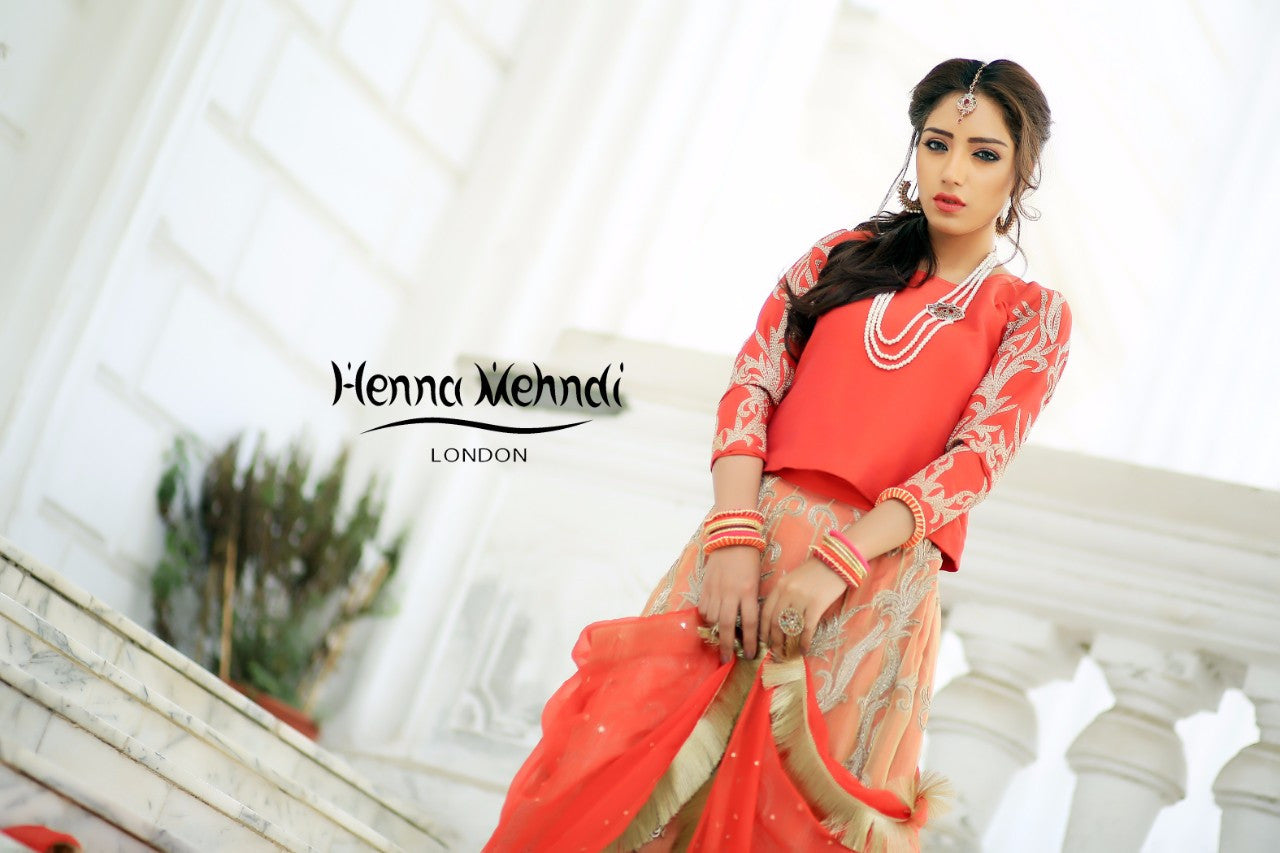 Gold & Coral Diamante Embroidered Lehnga Outfit - Henna Mehndi