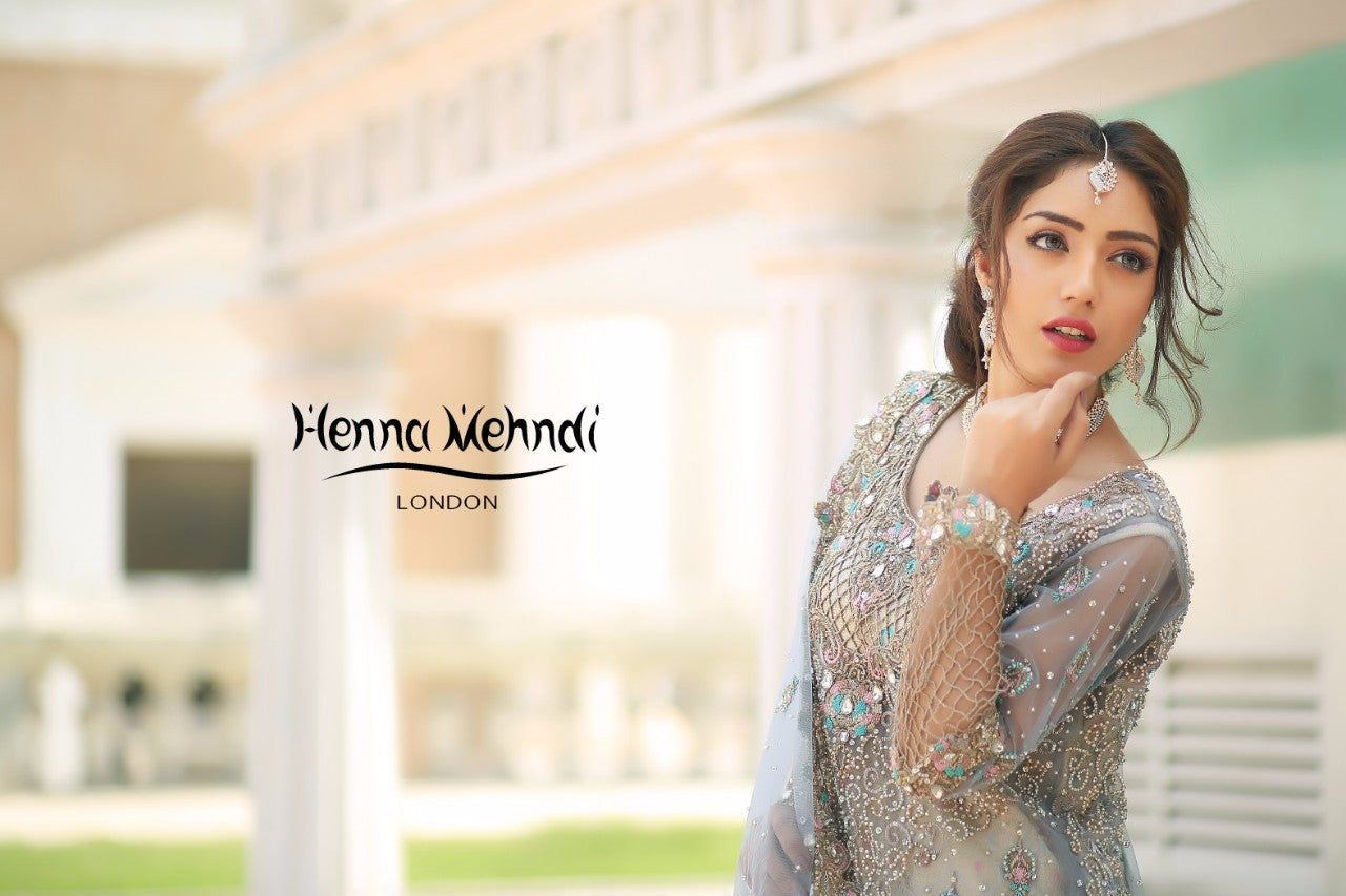 Ice Blue Diamante & Cutwork Embroidered Bridal Outfit - Henna Mehndi