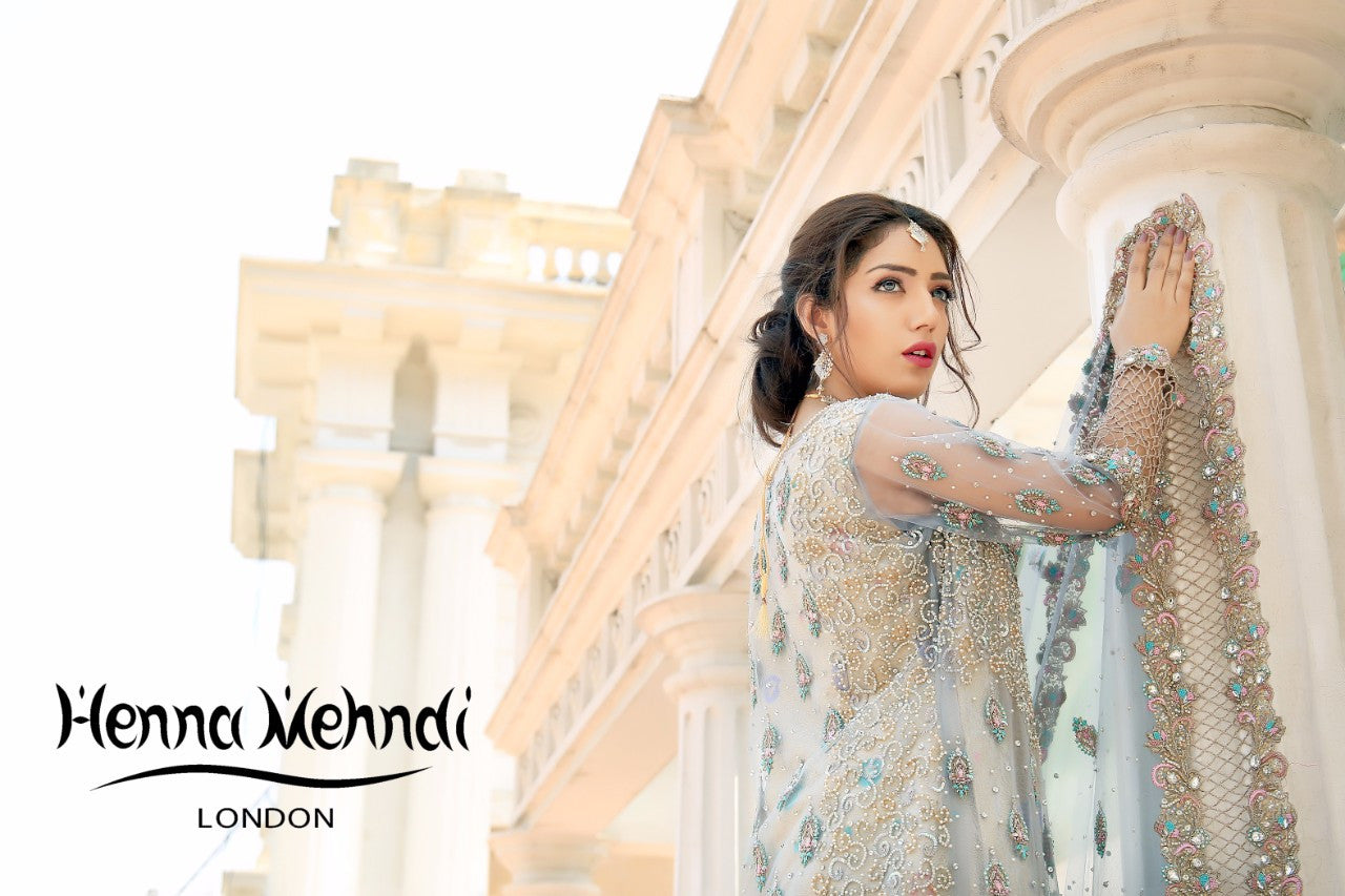 Ice Blue Diamante & Cutwork Embroidered Bridal Outfit - Henna Mehndi