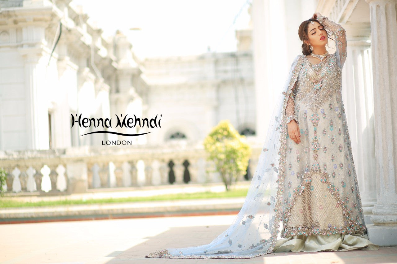 Ice Blue Diamante & Cutwork Embroidered Bridal Outfit - Henna Mehndi