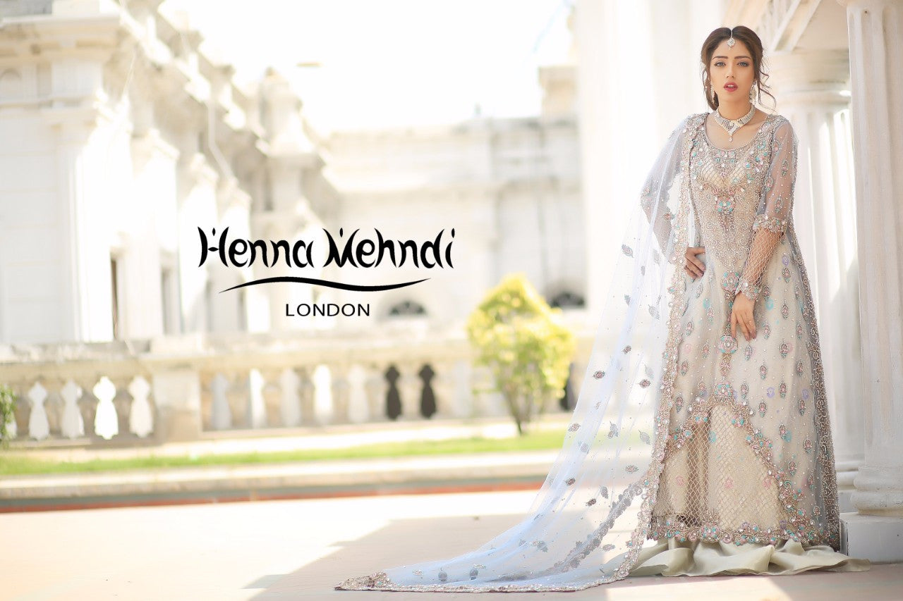 Ice Blue Diamante & Cutwork Embroidered Bridal Outfit - Henna Mehndi