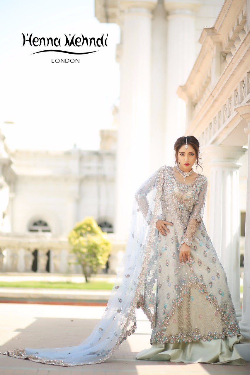 Ice Blue Diamante & Cutwork Embroidered Bridal Outfit - Henna Mehndi