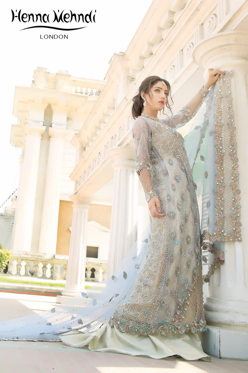 Ice Blue Diamante & Cutwork Embroidered Bridal Outfit - Henna Mehndi