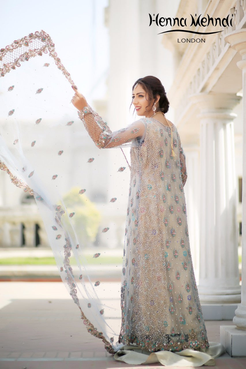 Ice Blue Diamante & Cutwork Embroidered Bridal Outfit - Henna Mehndi