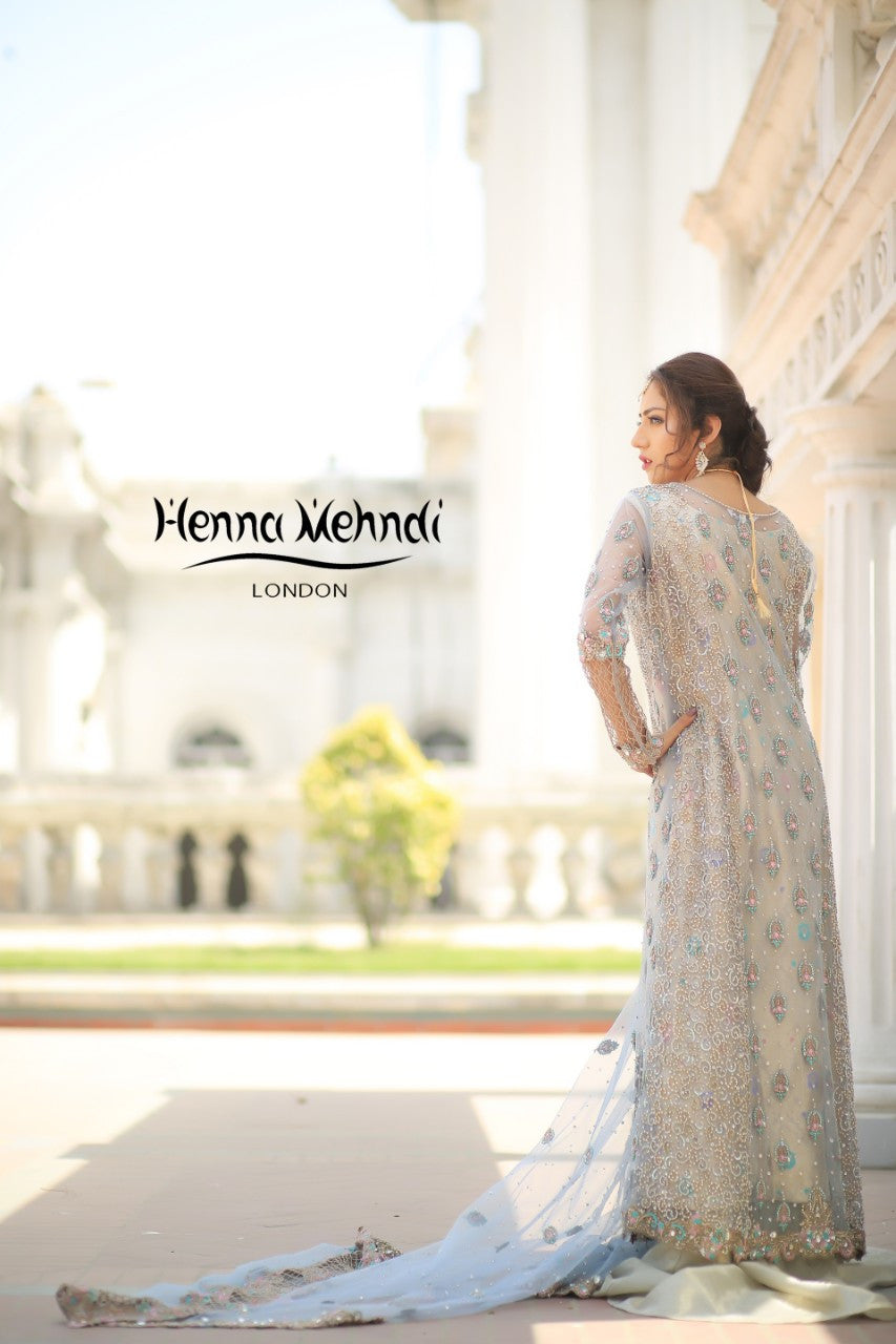 Ice Blue Diamante & Cutwork Embroidered Bridal Outfit - Henna Mehndi