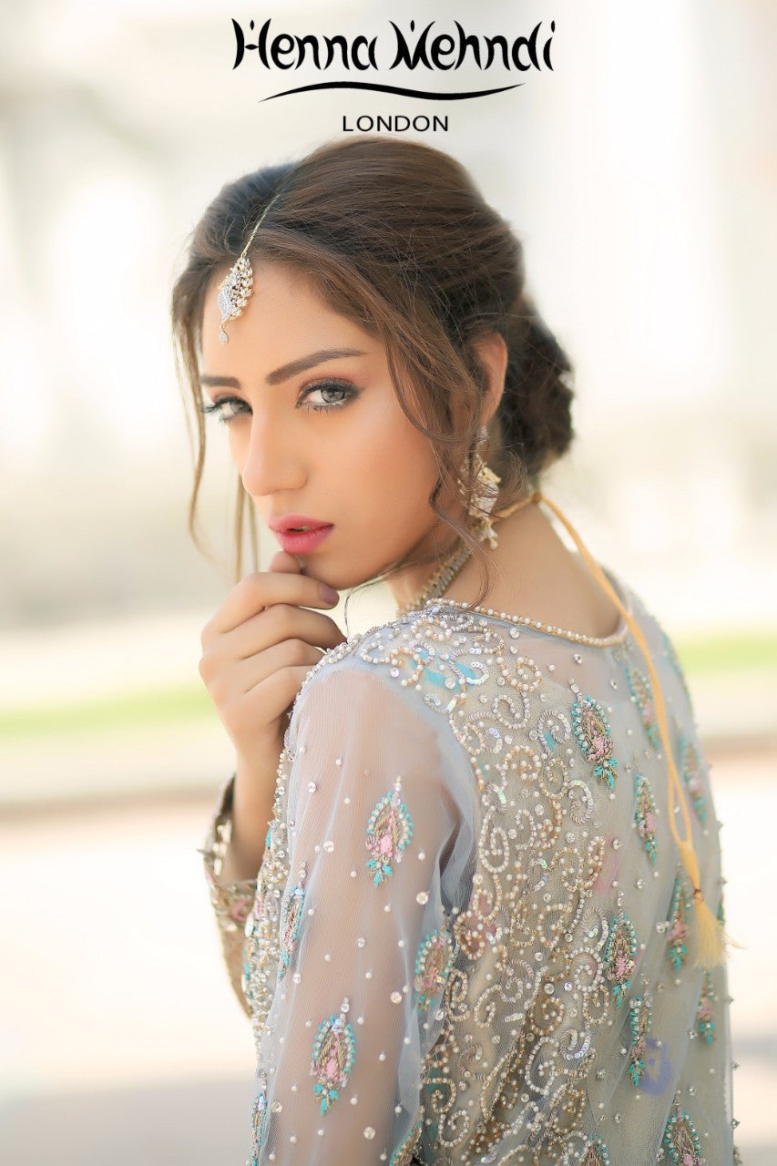 Ice Blue Diamante & Cutwork Embroidered Bridal Outfit - Henna Mehndi