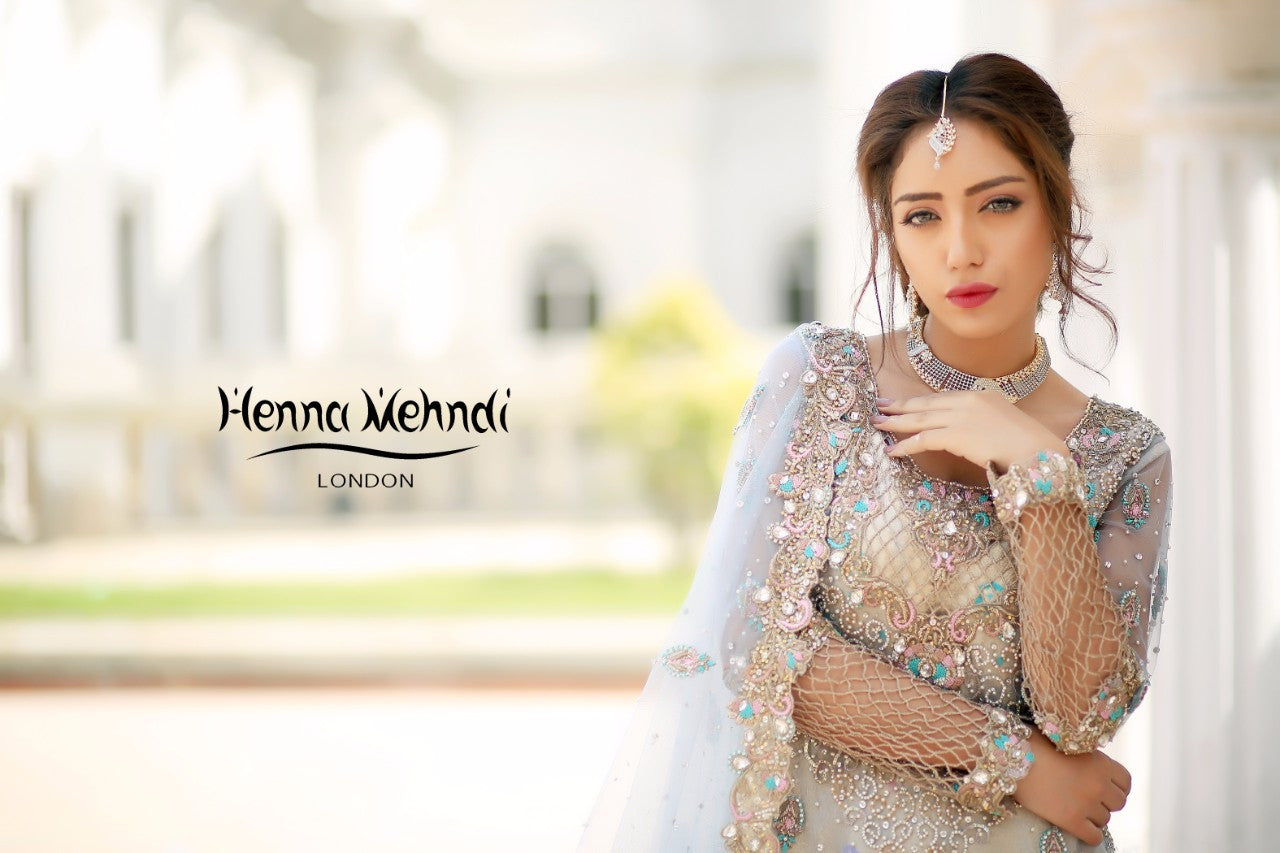 Ice Blue Diamante & Cutwork Embroidered Bridal Outfit - Henna Mehndi