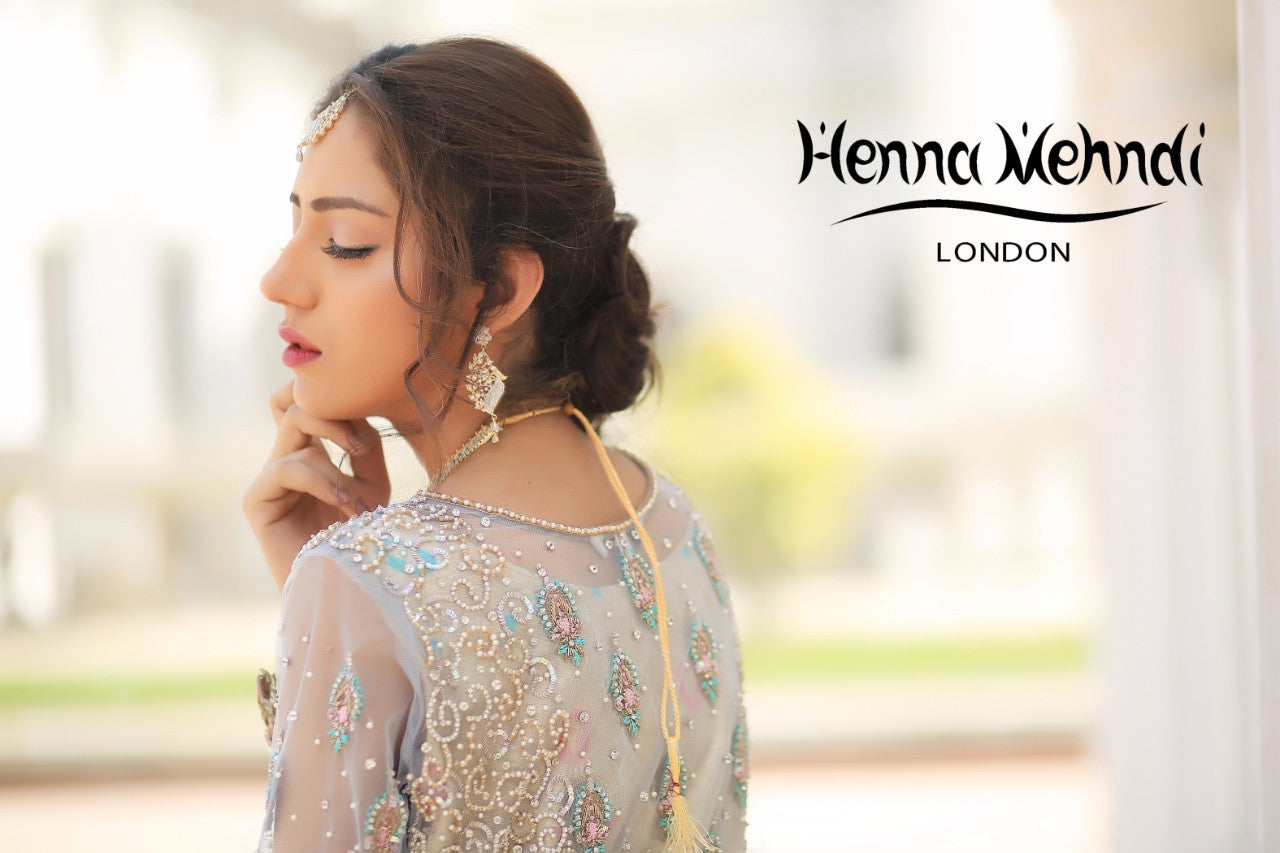 Ice Blue Diamante & Cutwork Embroidered Bridal Outfit - Henna Mehndi