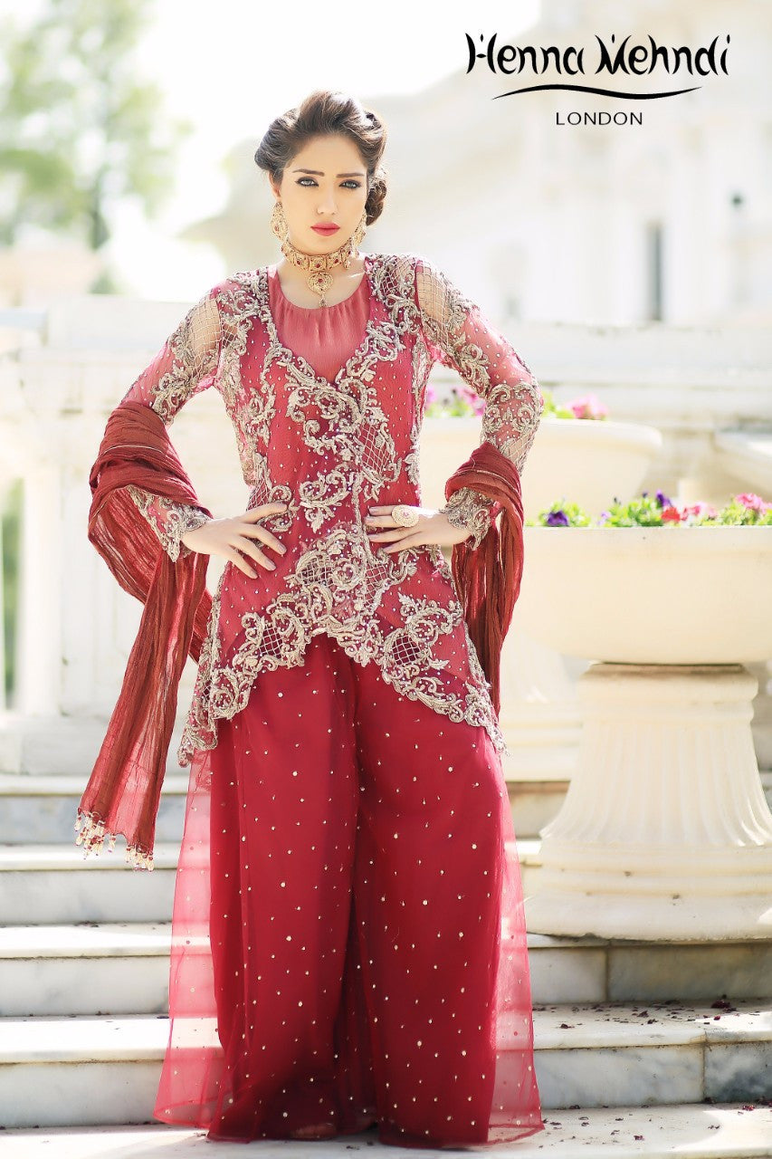 Maroon Diamante Embroidered Bridal Outfit - Henna Mehndi