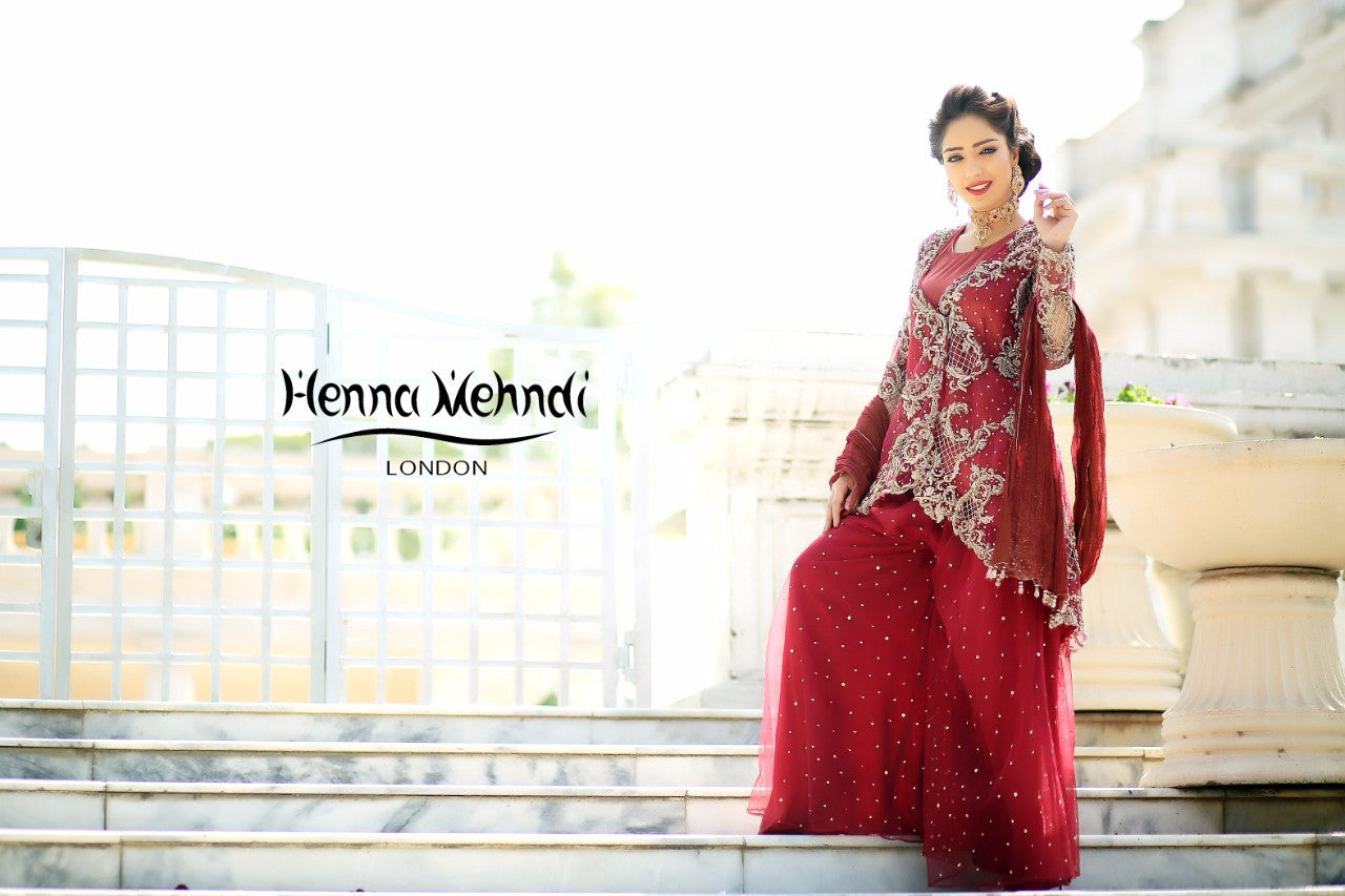 Maroon Diamante Embroidered Bridal Outfit - Henna Mehndi