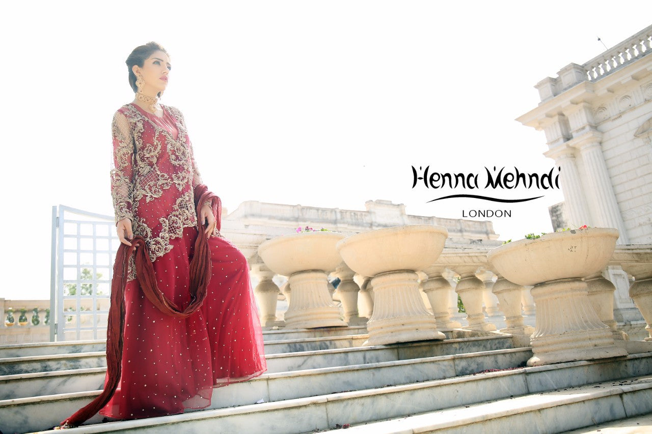 Maroon Diamante Embroidered Bridal Outfit - Henna Mehndi