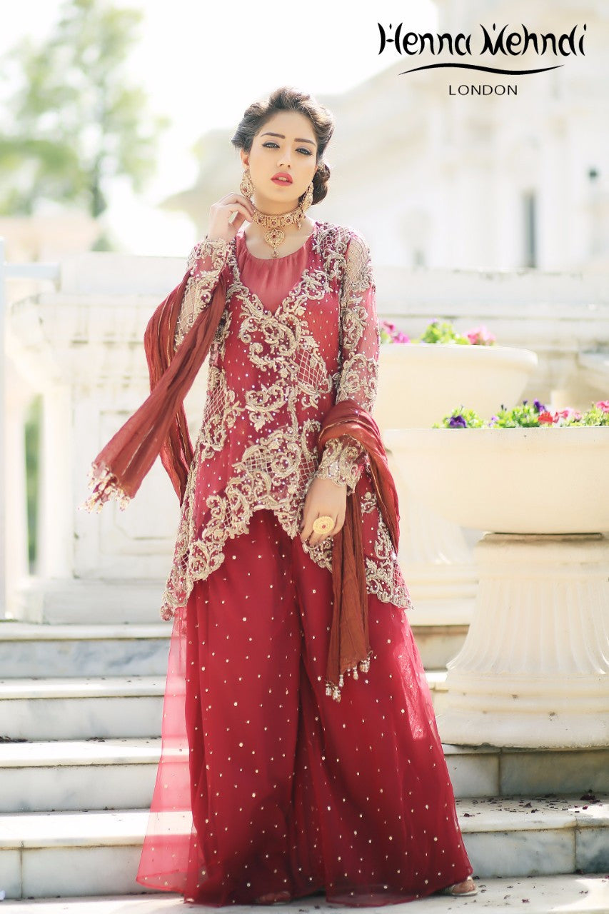 Maroon Diamante Embroidered Bridal Outfit - Henna Mehndi