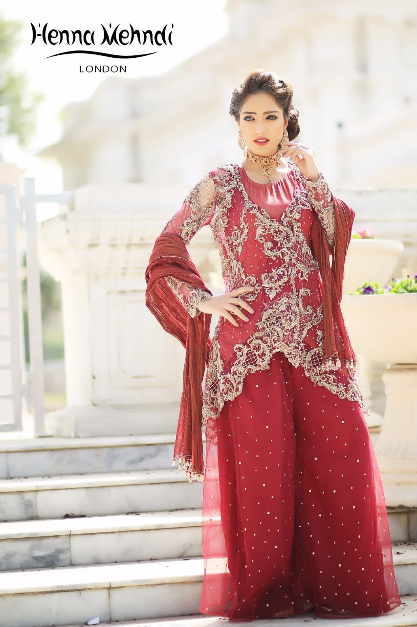 Maroon Diamante Embroidered Bridal Outfit - Henna Mehndi