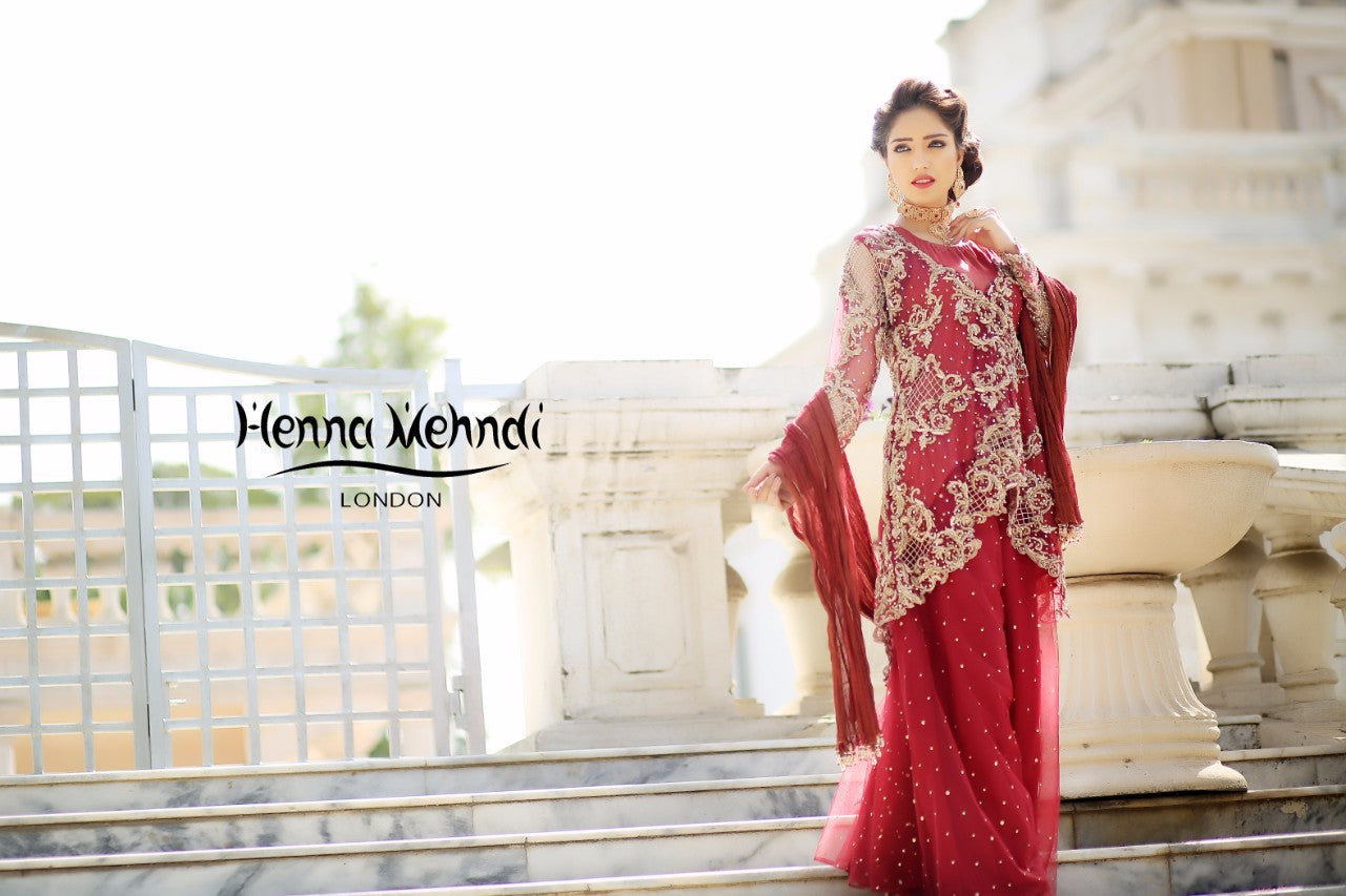 Maroon Diamante Embroidered Bridal Outfit - Henna Mehndi