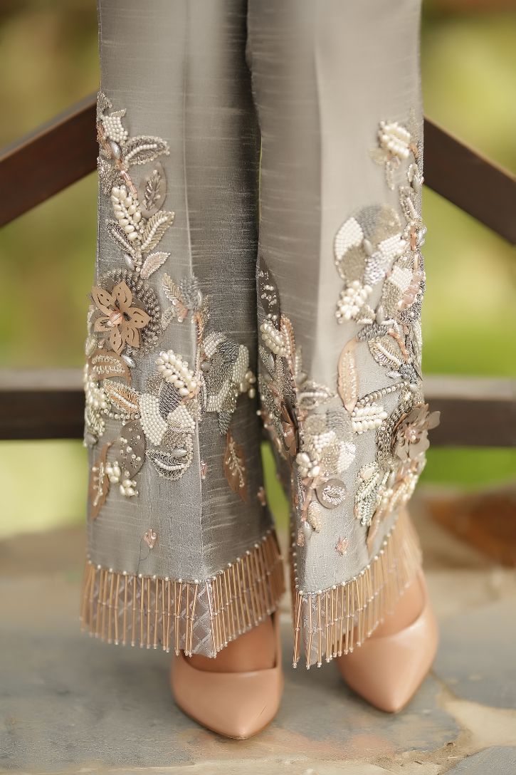 Grey 3D Embroidered & Embellished Trousers